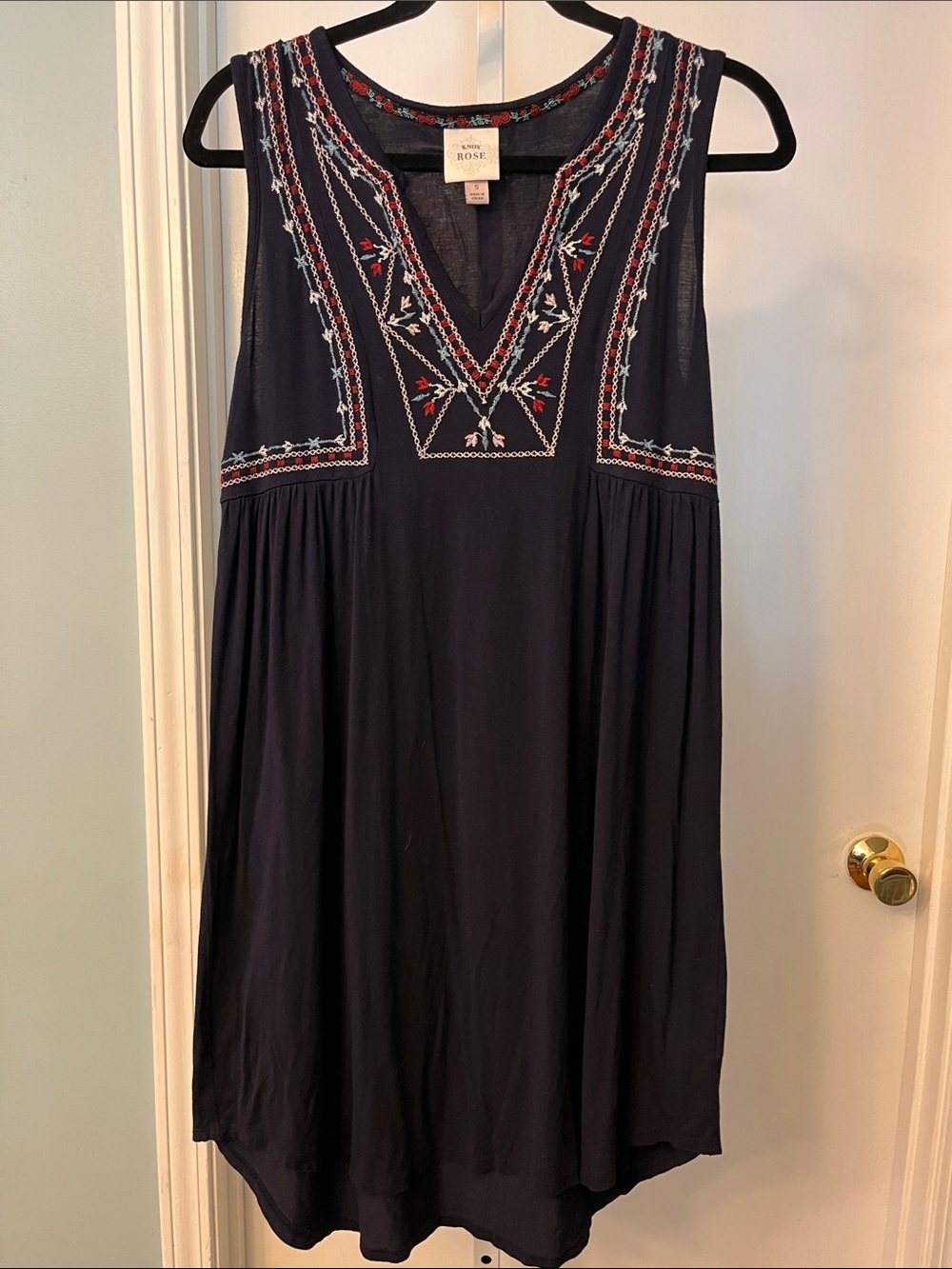 Knox Rose Navy Sleeveless V-Neck Dress with Red & White Embroidery